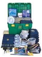 ShelterBox contents laid out - The main item is the 10 person tent, followed by stove, blankets and other essential emergency items.